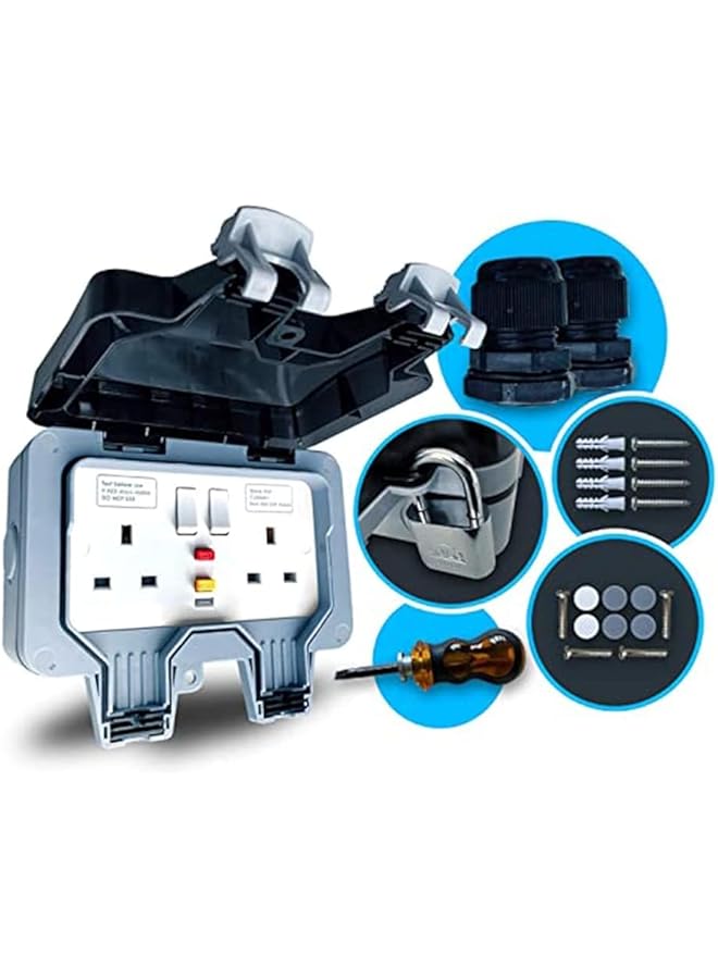 PROMASS Outdoor Waterproof Double Plug Socket, Weatherproof Wall Electrical Power Outlet with USB Charging Ports & Switch & Led Light, IP66 13A UK 2 Gang Socket with Installation Tool