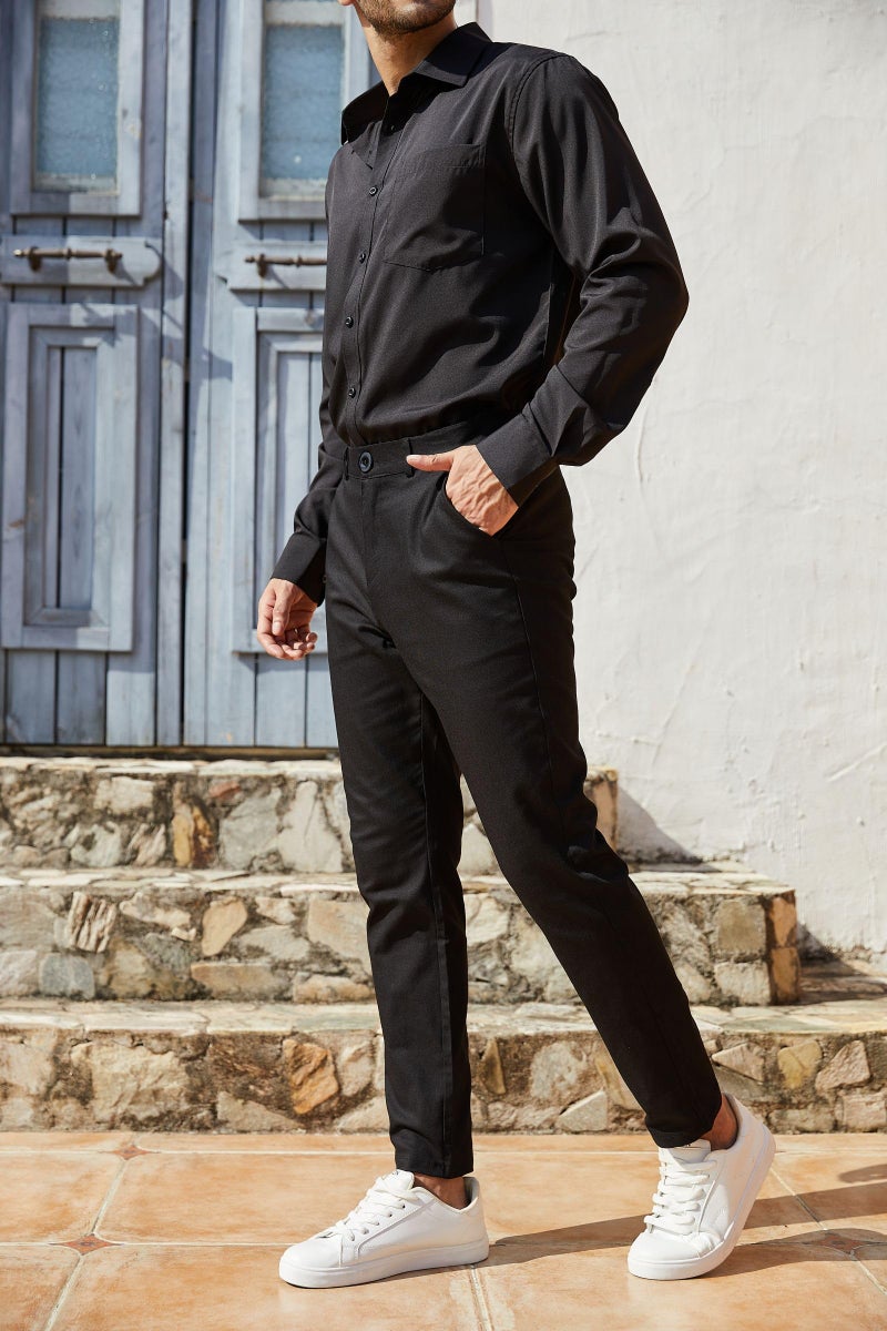 Percle Mens Slim Fit Dress Pants Casual Business Skinny Stretch Suit Pants Golf Pants Black - Image 3