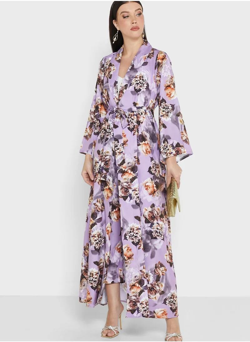 hayas closet Floral Print Belted Abaya Set
