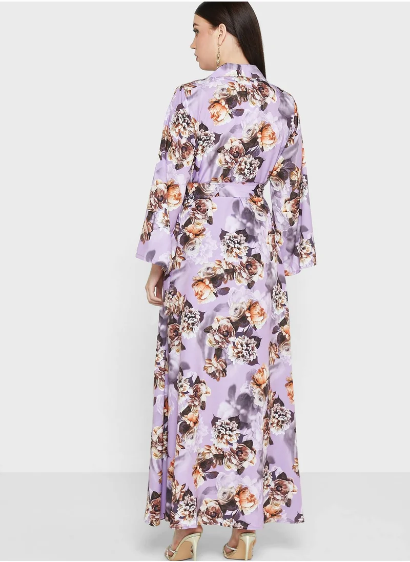 hayas closet Floral Print Belted Abaya Set