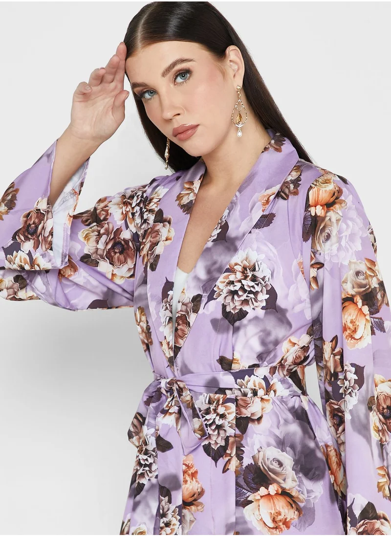 hayas closet Floral Print Belted Abaya Set