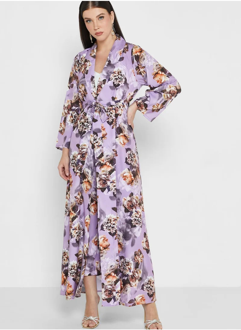 hayas closet Floral Print Belted Abaya Set