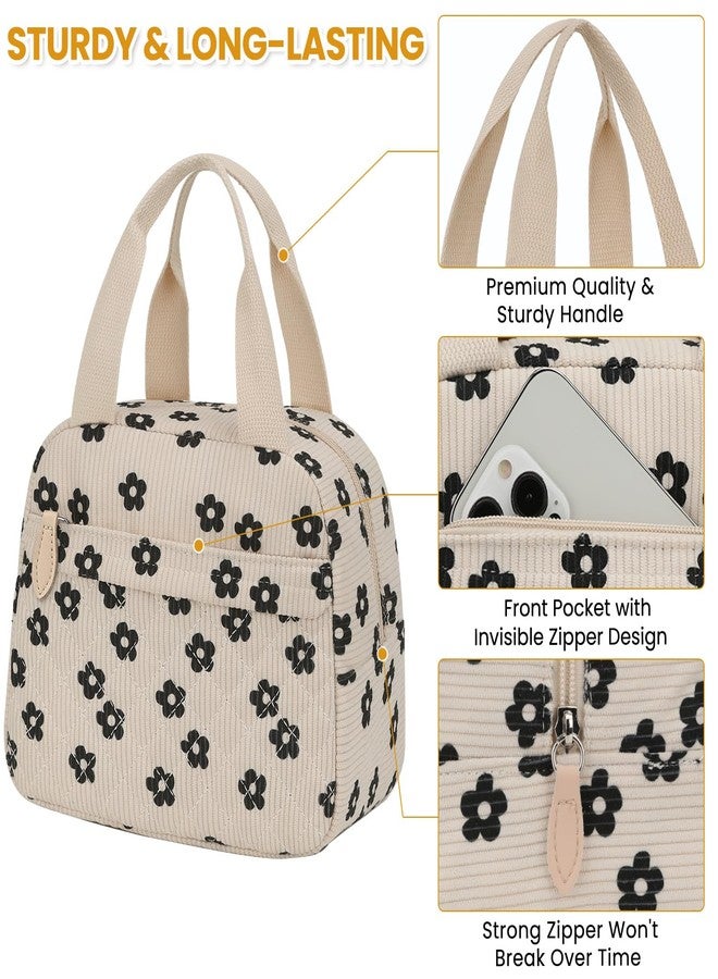 ELONGRIVER Insulated Lunch Bag for Women, Portable Lightweight Lunch Box for Adults, Reusable Small Lunch Tote Cooler Bags with Front Zipper Pocket for Work School Picnic(Corduroy Floral) - Image 4