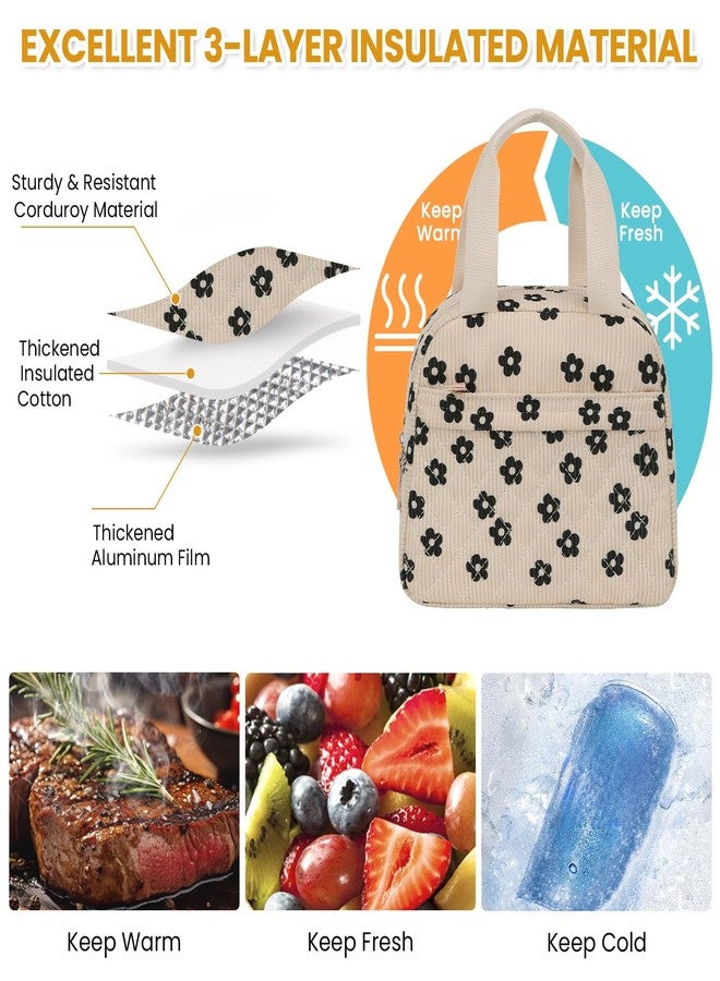 ELONGRIVER Insulated Lunch Bag for Women, Portable Lightweight Lunch Box for Adults, Reusable Small Lunch Tote Cooler Bags with Front Zipper Pocket for Work School Picnic(Corduroy Floral) - Image 3