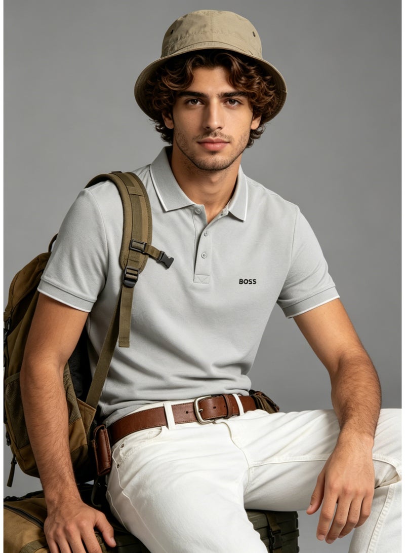 BOSS Men's Short Sleeve Contrast Trim Polo Shirt, Neutral Casual Regular Fit, Light Grey - Image 5