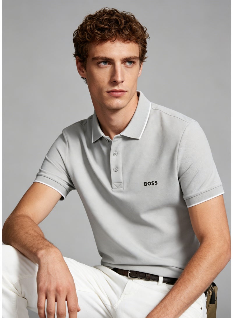 BOSS Men's Short Sleeve Contrast Trim Polo Shirt, Neutral Casual Regular Fit, Light Grey - Image 1