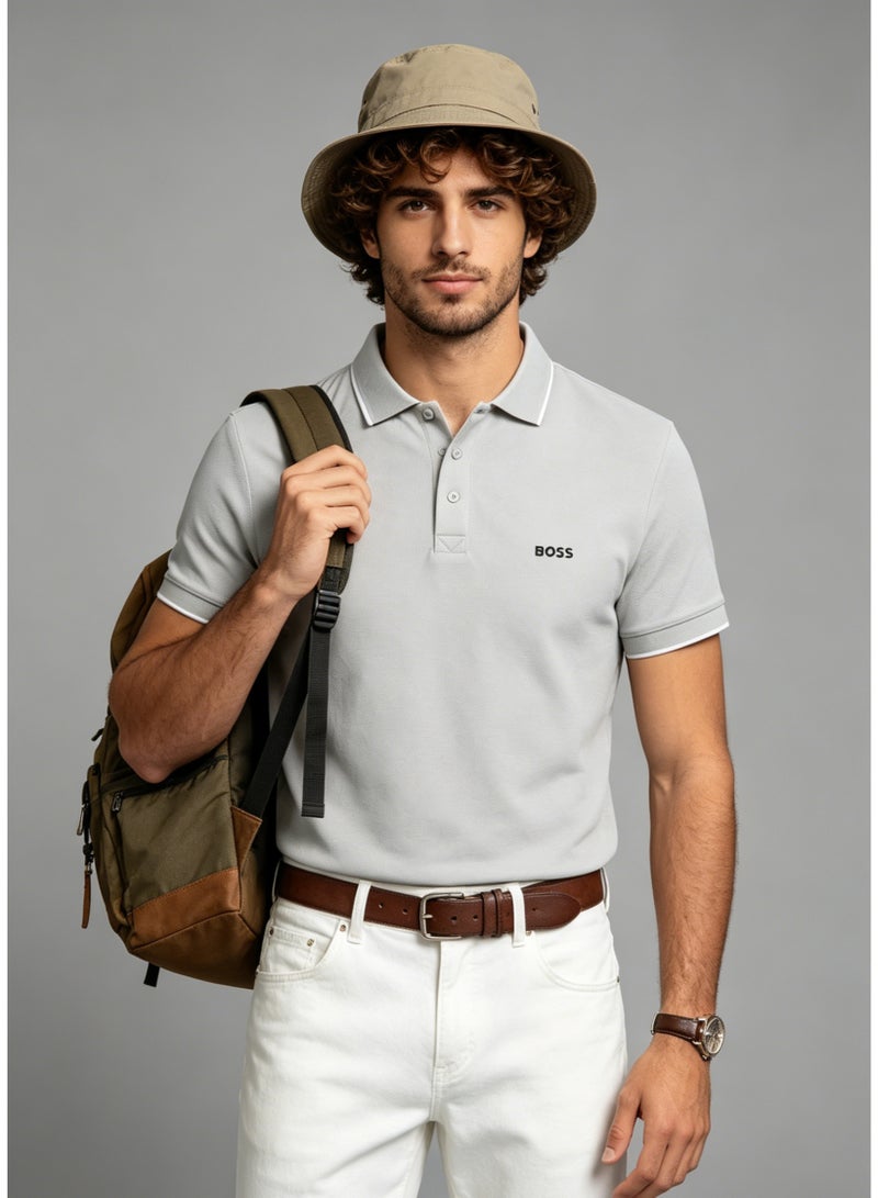 BOSS Men's Short Sleeve Contrast Trim Polo Shirt, Neutral Casual Regular Fit, Light Grey - Image 2