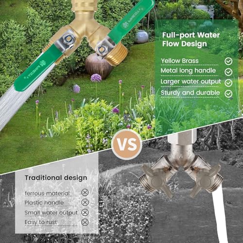 Finest Garden Hose Splitter 2 Way, Heavy Duty Brass Y Valve Garden Hose Splitter With Stainless Steel Long Handle, Full Flow Hose Splitter Connector, Y Valve 3/4 Inch GHT Thread - Image 2