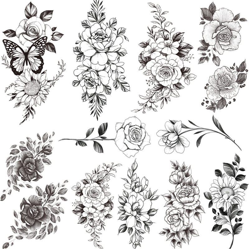 Tazimi 10 Sheets 3D Black Flower Rose Temporary Tattoos For Women, Waterproof Fake Body Art Arm Sketch Tattoo Stickers For Women Girls - Image 2