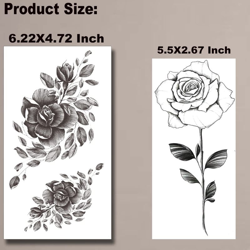 Tazimi 10 Sheets 3D Black Flower Rose Temporary Tattoos For Women, Waterproof Fake Body Art Arm Sketch Tattoo Stickers For Women Girls - Image 5