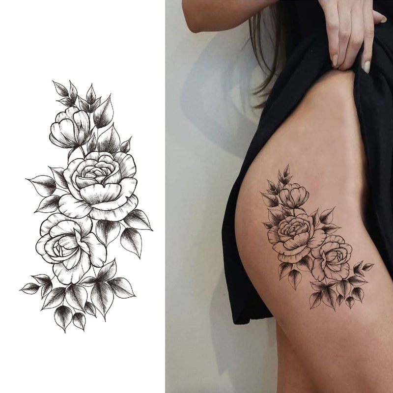 Tazimi 10 Sheets 3D Black Flower Rose Temporary Tattoos For Women, Waterproof Fake Body Art Arm Sketch Tattoo Stickers For Women Girls - Image 4