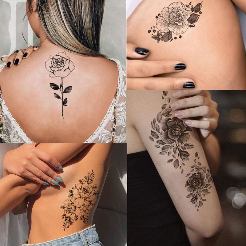 Tazimi 10 Sheets 3D Black Flower Rose Temporary Tattoos For Women, Waterproof Fake Body Art Arm Sketch Tattoo Stickers For Women Girls - Image 3