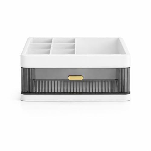 KREPS® Desk Makeup Organizer, Plastic Storage Box with Sliding Drawer, Stylish Display Case for Cosmetics, Lotion, Nail Polish,Brushes,and Jewelry (White, 1 - Layer) - Image 1