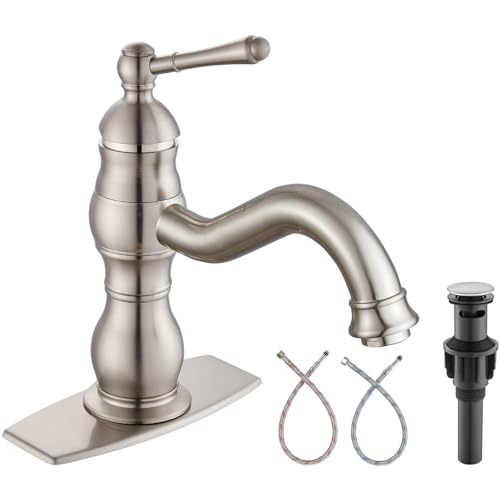 Heyalan Bathroom Sink Faucet Single Hole 1 Handle Deck Mount Single Handle Brass Bathroom Sink Faucet Farmhouse Mixer Tap with Drain,‎Short-Spout Reach 7.09 Inch,Brushed Nickel - Image 1