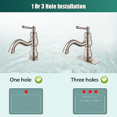 Heyalan Bathroom Sink Faucet Single Hole 1 Handle Deck Mount Single Handle Brass Bathroom Sink Faucet Farmhouse Mixer Tap with Drain,‎Short-Spout Reach 7.09 Inch,Brushed Nickel - Image 3