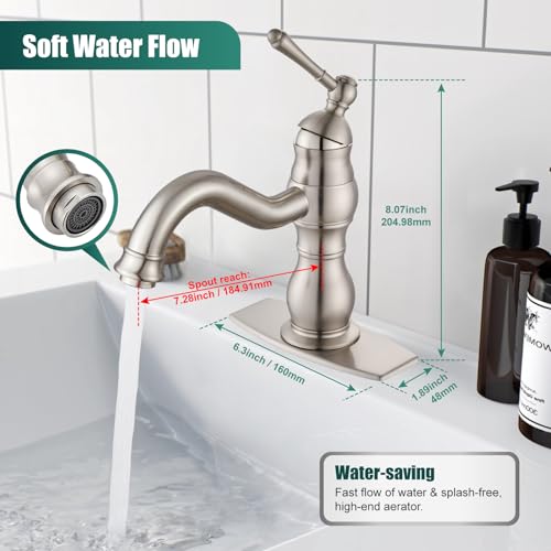 Heyalan Bathroom Sink Faucet Single Hole 1 Handle Deck Mount Single Handle Brass Bathroom Sink Faucet Farmhouse Mixer Tap with Drain,‎Short-Spout Reach 7.09 Inch,Brushed Nickel - Image 2