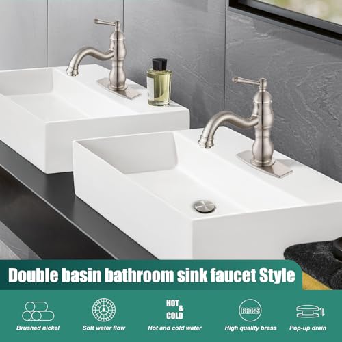 Heyalan Bathroom Sink Faucet Single Hole 1 Handle Deck Mount Single Handle Brass Bathroom Sink Faucet Farmhouse Mixer Tap with Drain,‎Short-Spout Reach 7.09 Inch,Brushed Nickel - Image 4