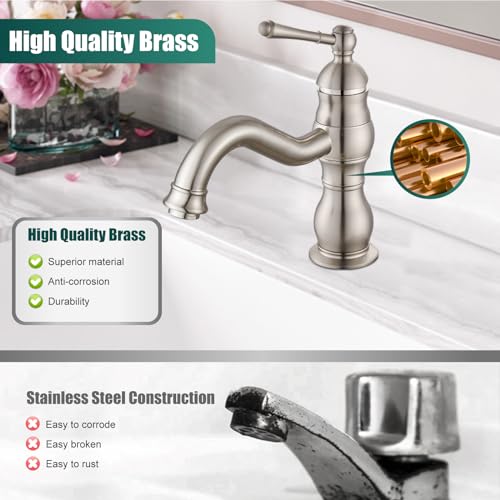 Heyalan Bathroom Sink Faucet Single Hole 1 Handle Deck Mount Single Handle Brass Bathroom Sink Faucet Farmhouse Mixer Tap with Drain,‎Short-Spout Reach 7.09 Inch,Brushed Nickel - Image 5