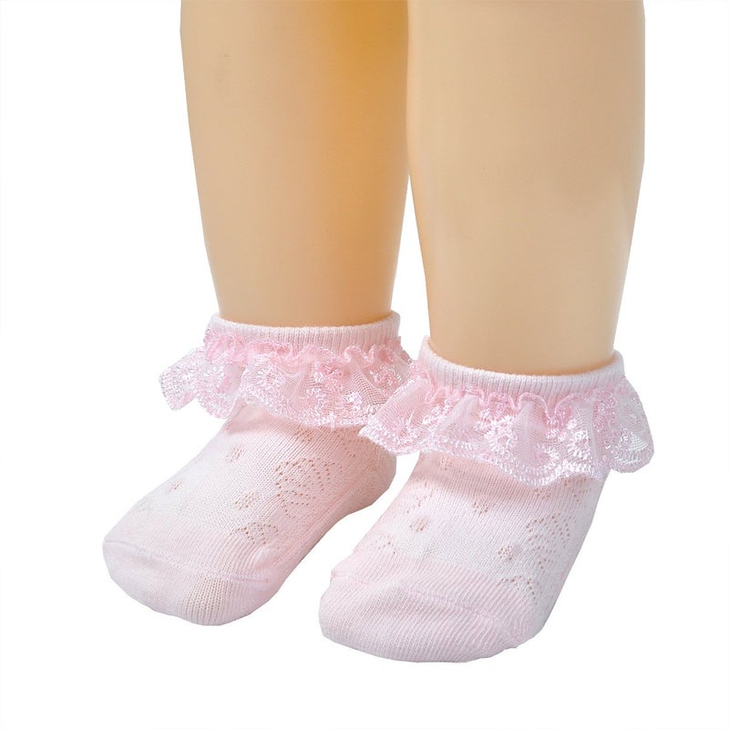 EPEIUS Baby-Girls Eyelet Frilly Lace Socks Cotton Rich Infant Girl Princess Ankle Socks White/Beige/Pink (Pack of 3) 6-12 Months - Image 5