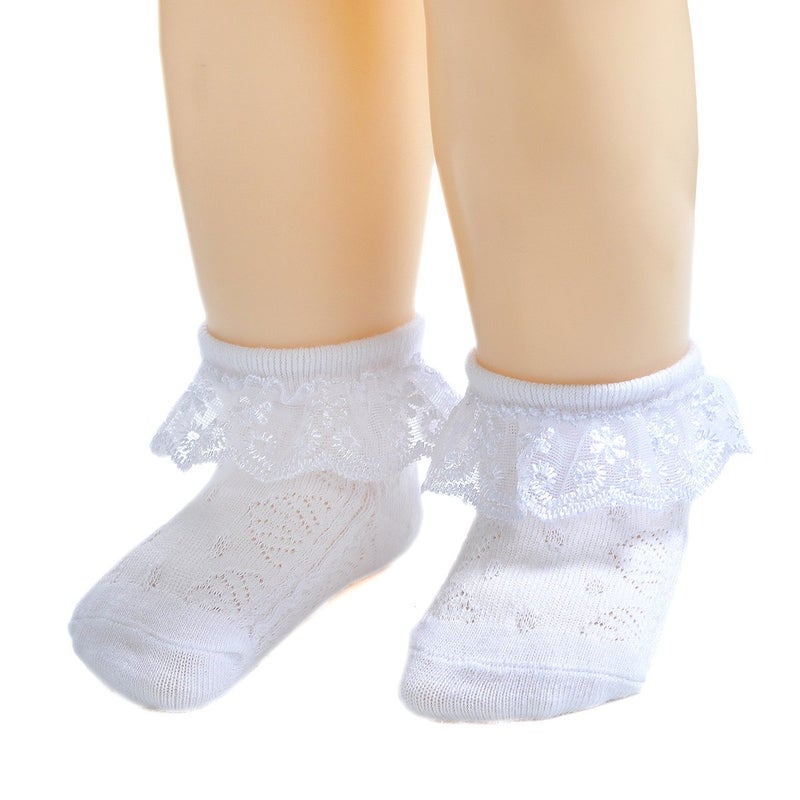 EPEIUS Baby-Girls Eyelet Frilly Lace Socks Cotton Rich Infant Girl Princess Ankle Socks White/Beige/Pink (Pack of 3) 6-12 Months - Image 3