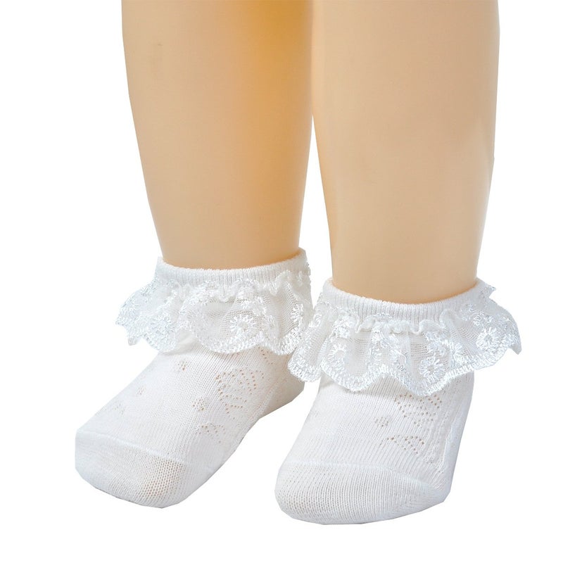 EPEIUS Baby-Girls Eyelet Frilly Lace Socks Cotton Rich Infant Girl Princess Ankle Socks White/Beige/Pink (Pack of 3) 6-12 Months - Image 4