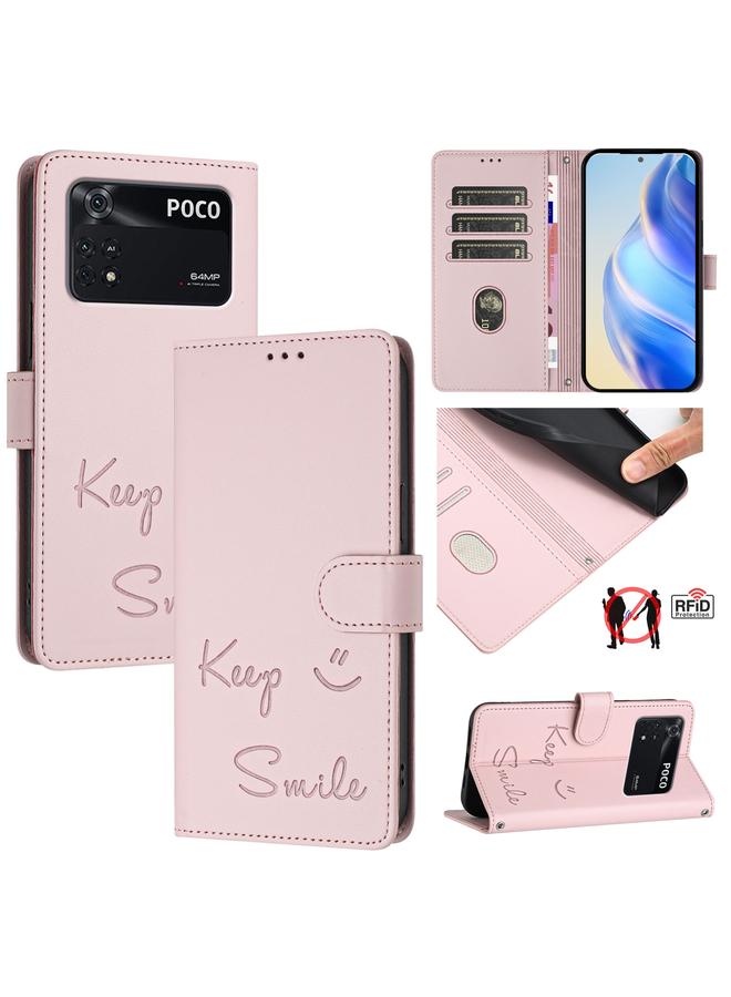 Zaboon For Xiaomi Poco M4 Pro 4G Smile Embossing RFID Leather Phone Case(Pink)