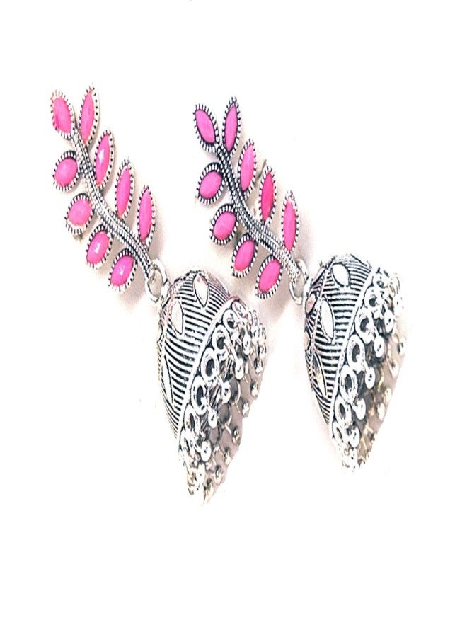 RUVEE Pink Colour Rajasthani Tikka Oxidized Silver Plated Jhumki Alloy Earringss for Women & Girls - Image 3