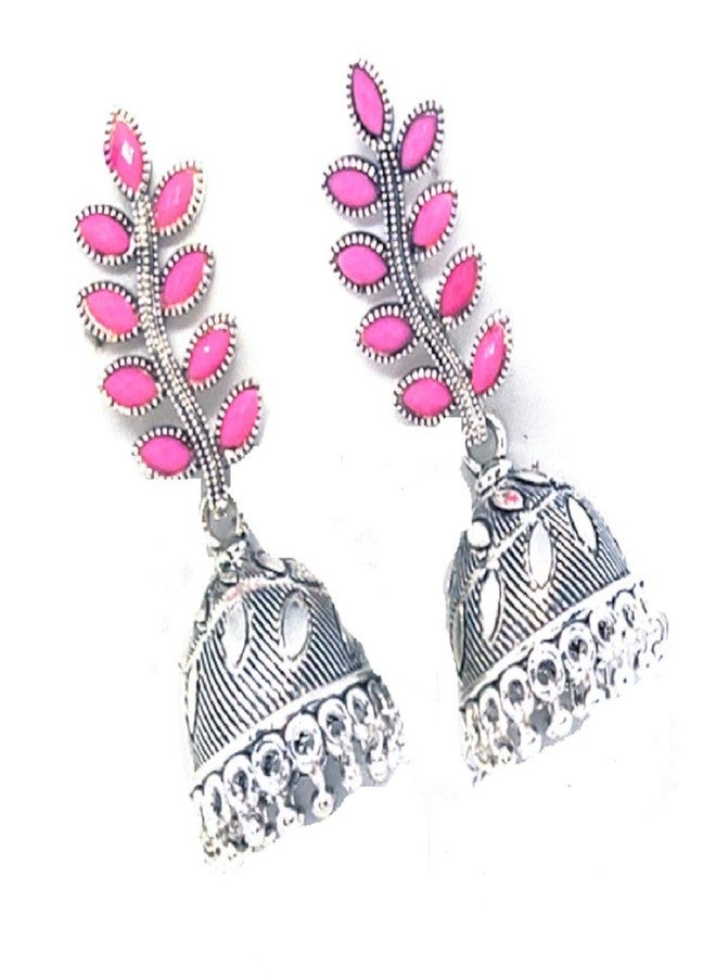 RUVEE Pink Colour Rajasthani Tikka Oxidized Silver Plated Jhumki Alloy Earringss for Women & Girls - Image 2