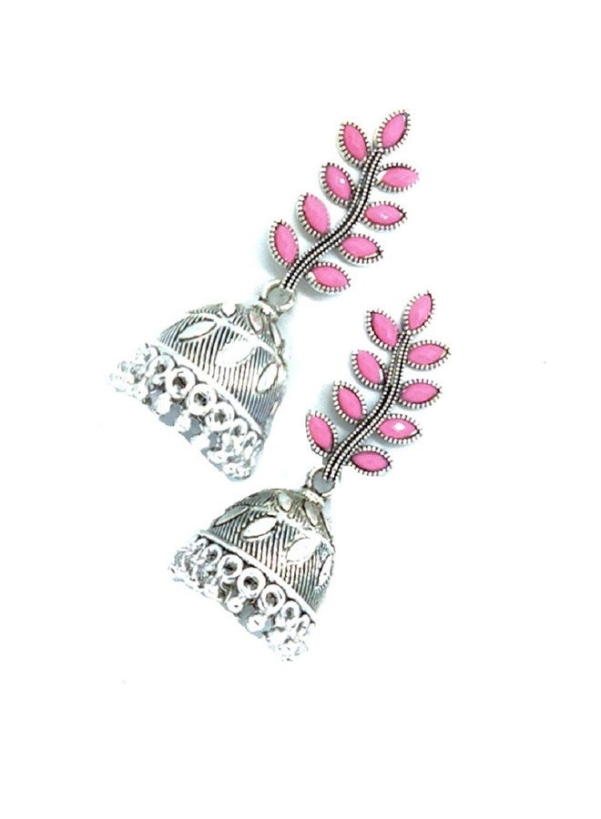 RUVEE Pink Colour Rajasthani Tikka Oxidized Silver Plated Jhumki Alloy Earringss for Women & Girls - Image 4
