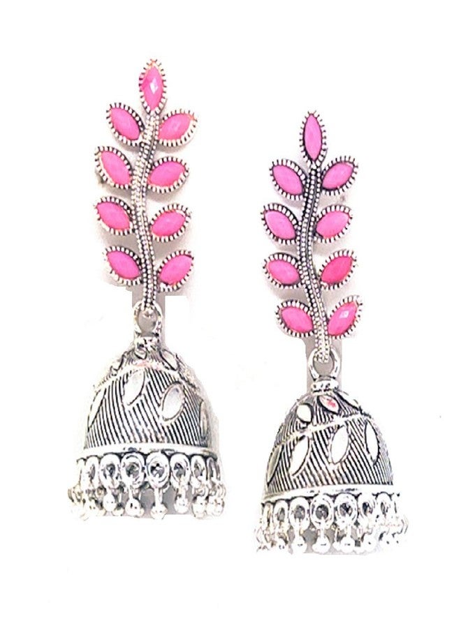 RUVEE Pink Colour Rajasthani Tikka Oxidized Silver Plated Jhumki Alloy Earringss for Women & Girls - Image 1