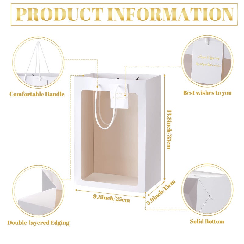 Yahenda 24 Pcs Mother's Day Gift Bags with Clear Window 13.8 x 9.8 x 5.9 Large Transparent Paper Bouquet Totes Bags with Handle for Wedding Birthday(White) - Image 3