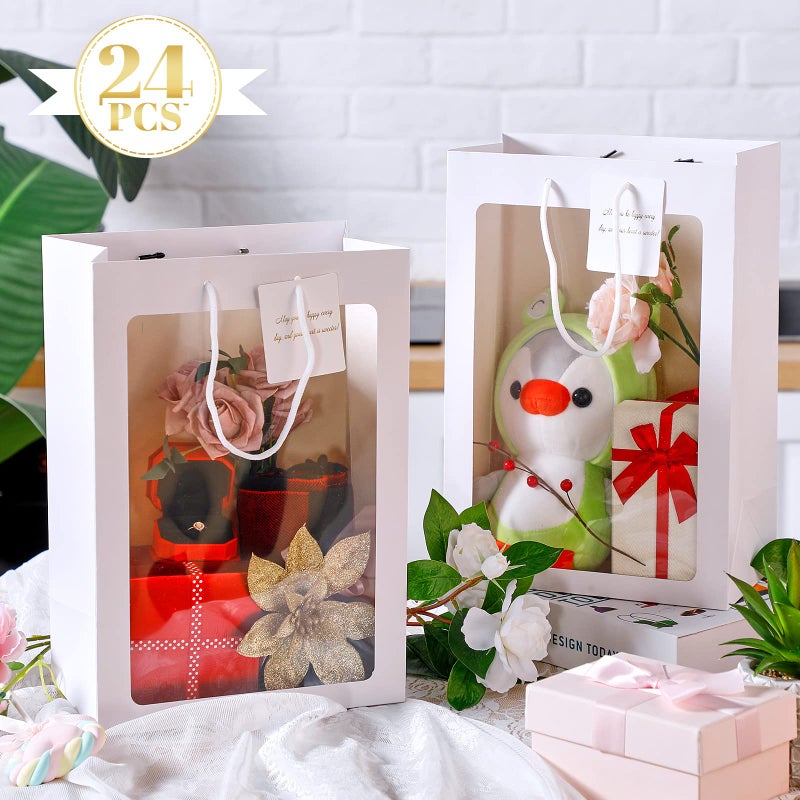 Yahenda 24 Pcs Mother's Day Gift Bags with Clear Window 13.8 x 9.8 x 5.9 Large Transparent Paper Bouquet Totes Bags with Handle for Wedding Birthday(White) - Image 2
