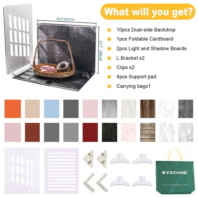 BYSTONE 10Pcs 20Patterns Small Product Photography Backdrops Kit Photo Background Food Photography Backdrop Board with Shadow Props and Carrying Bag (16.5X11.7inch) - Image 2