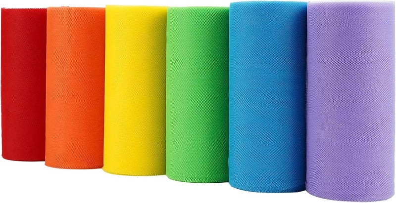 Meedee Rainbow Tulle Ribbon 6 Colors Roll Tulle Fabric Rainbow Spool Ribbon for Tutus Wedding Decorations Party Decorations Gift Wrapping Skirt Dress (6 inch by 25 Yards/Roll) - Image 1