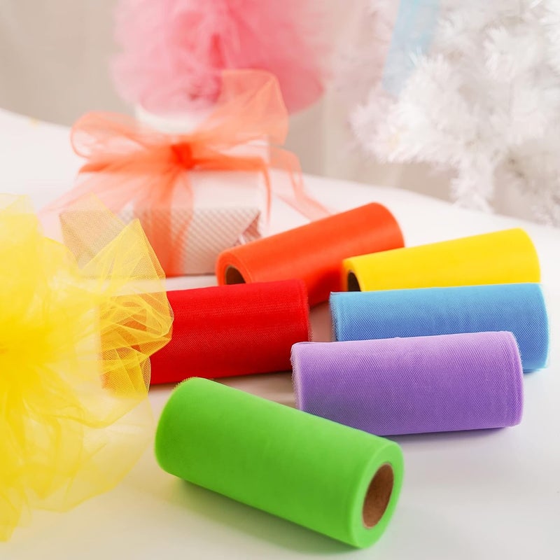 Meedee Rainbow Tulle Ribbon 6 Colors Roll Tulle Fabric Rainbow Spool Ribbon for Tutus Wedding Decorations Party Decorations Gift Wrapping Skirt Dress (6 inch by 25 Yards/Roll) - Image 4