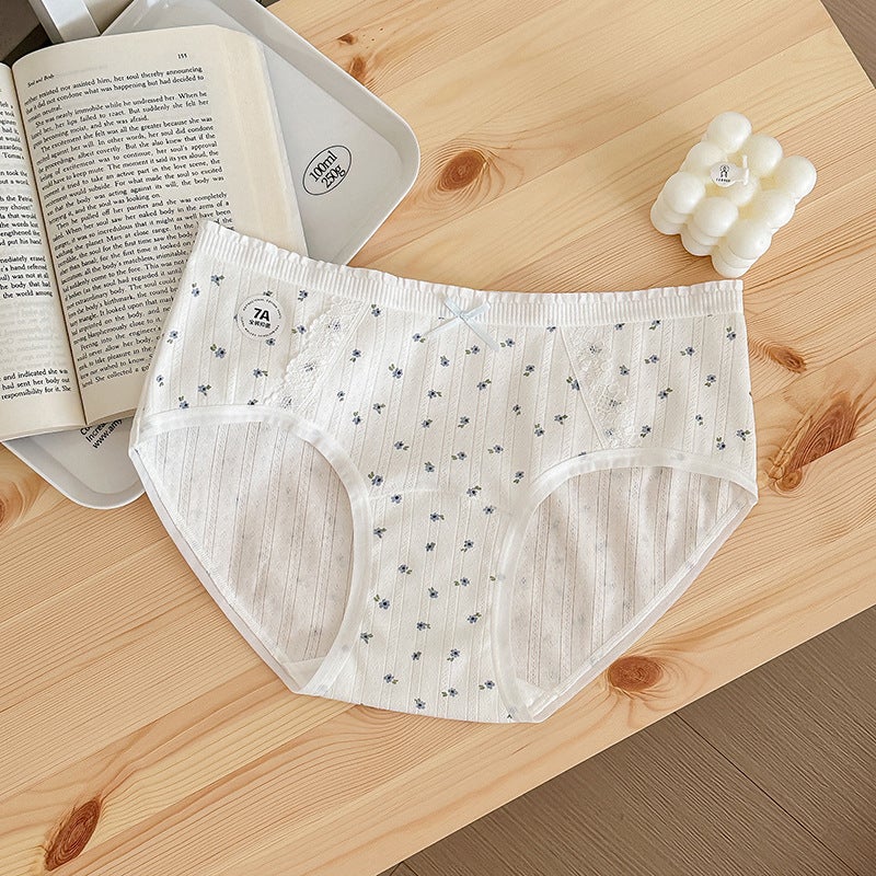 Cotton Floral Panties Sweet Print Antibacterial Mid-Rise Briefs Pure desire white