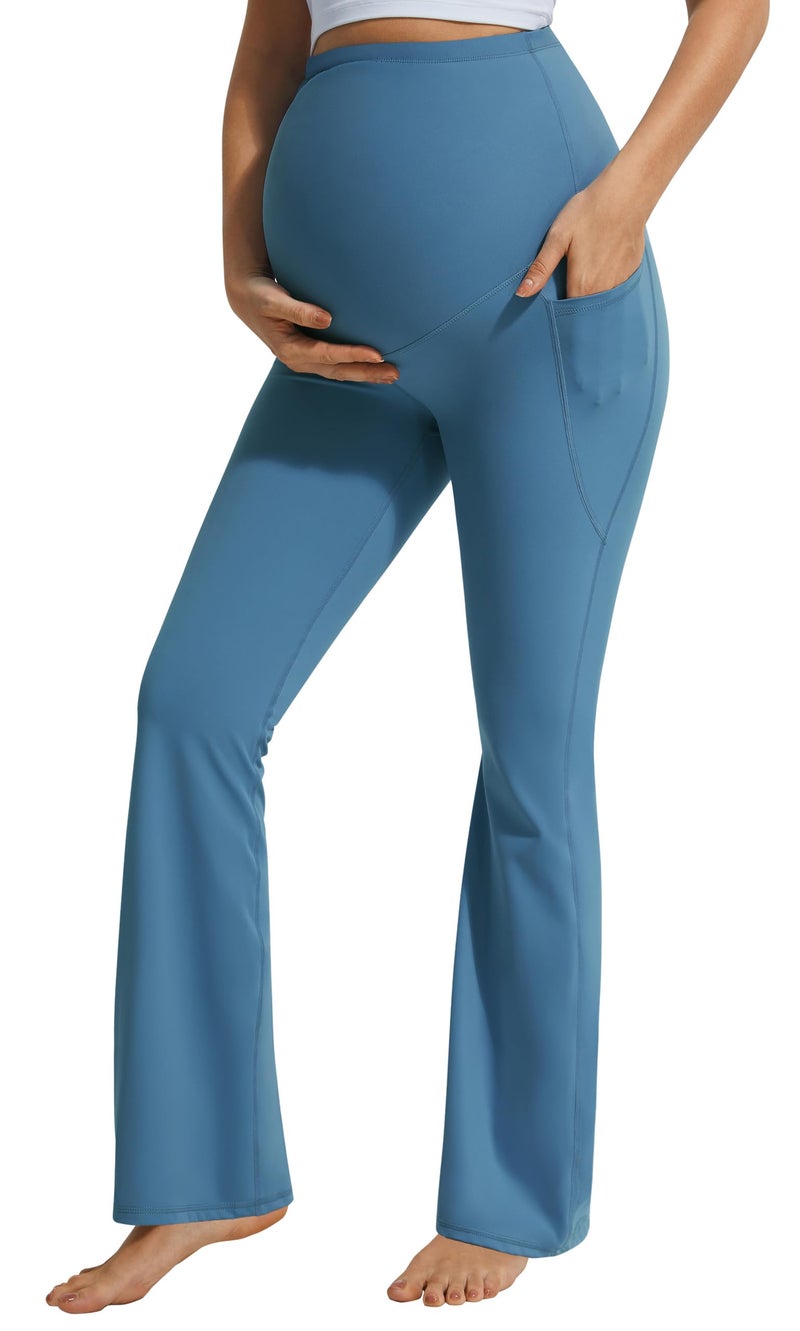 JOYSPELS Maternity Flare Leggings Over The Belly with Pockets â€“ Soft, Comfortable Pregnancy Yoga & Daily & Work Pants Blue Steel - Image 1