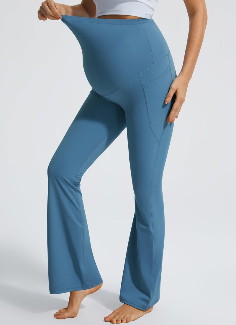JOYSPELS Maternity Flare Leggings Over The Belly with Pockets â€“ Soft, Comfortable Pregnancy Yoga & Daily & Work Pants Blue Steel - Image 2