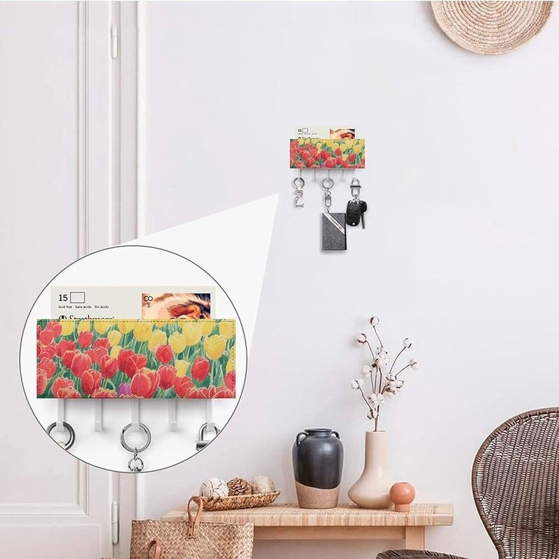 حامل مفاتيح جدار حقل التوليب مع 5 خطافات، منظف مفاتيح من جلد البولي يوريثان، وحدة تخزين للمدخل - Image 5