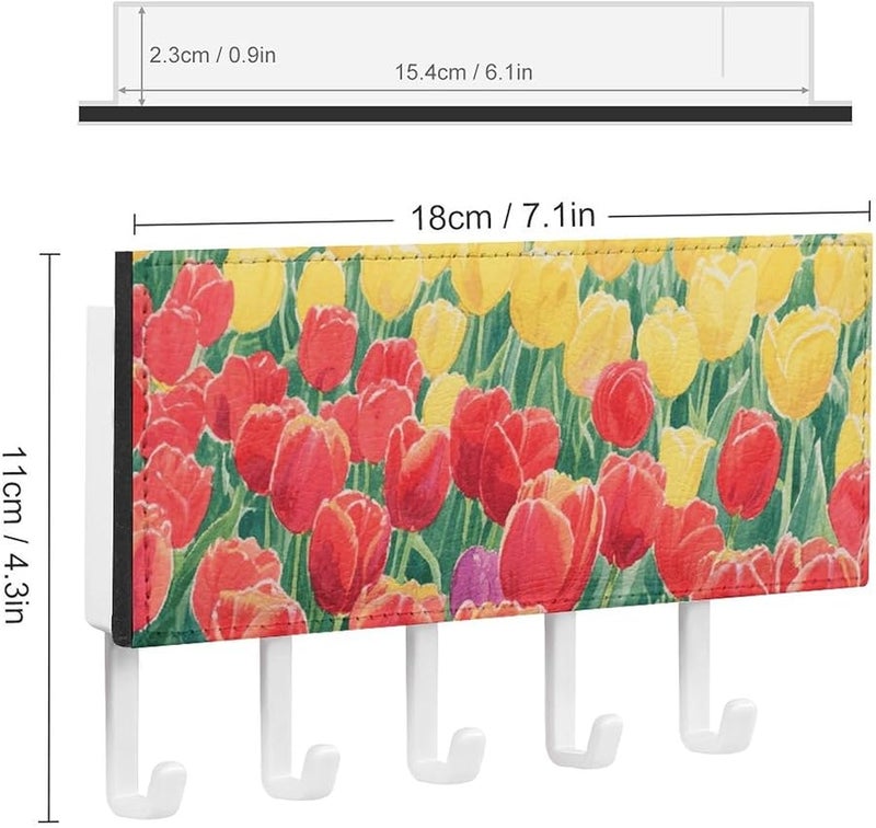 حامل مفاتيح جدار حقل التوليب مع 5 خطافات، منظف مفاتيح من جلد البولي يوريثان، وحدة تخزين للمدخل - Image 3