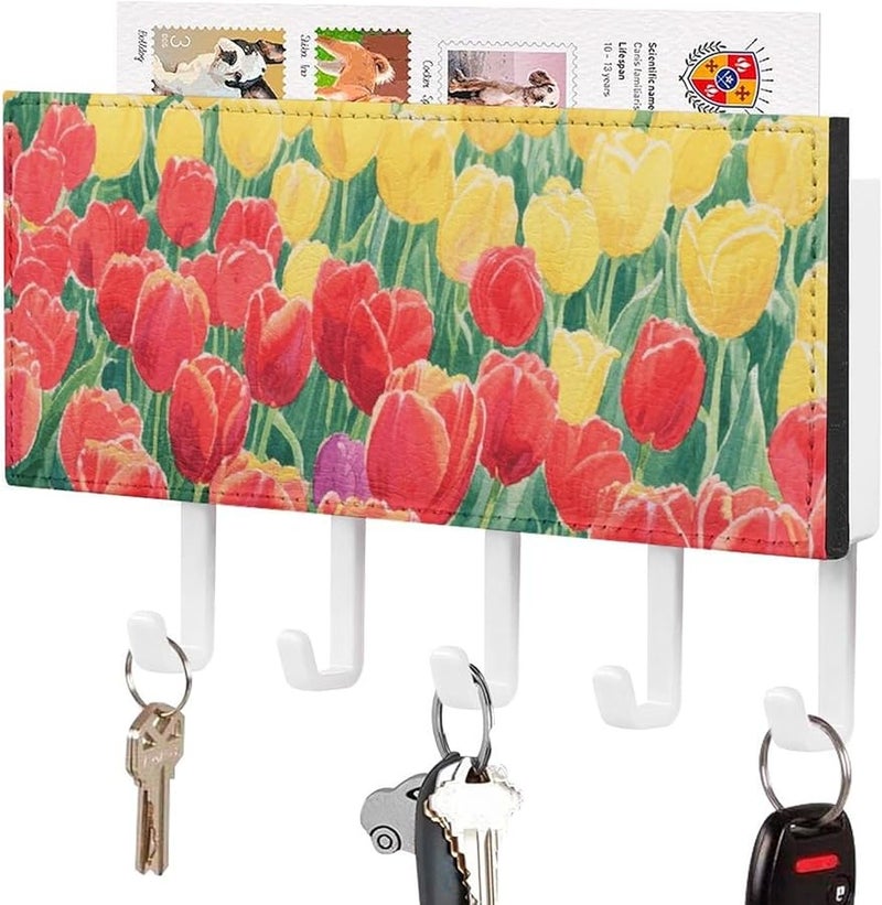 حامل مفاتيح جدار حقل التوليب مع 5 خطافات، منظف مفاتيح من جلد البولي يوريثان، وحدة تخزين للمدخل - Image 2