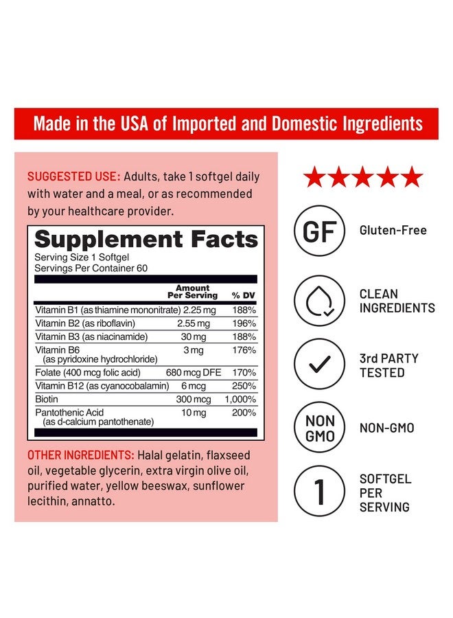 NatureWise Vitamin B Complex for Women and Men - with Folic Acid Biotin B1 B2 B3 B6 B12 - Support Cellular Energy & Mental Clarity - Gluten & Dairy Free, Non-GMO - 60 Softgels[2-Month Supply] - Image 4