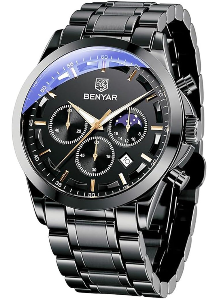 BENYAR Mens Watches Multifunction Chronograph Date Quartz Watch for Men Stainless Steel Band Wrist Watch Gift for Men Casual Business - Image 1