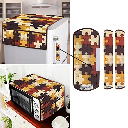 E-Retailer® Exclusive 3-Layered Polyester Combo Set of Appliances Cover (1 Pc. of Fridge Top Cover, 3 Pc Handle Cover and 1 Pc. of Microwave Oven Top Cover) (Color-Yellow, Design-Geometric, Set Contains-5 Pcs.) - Image 1