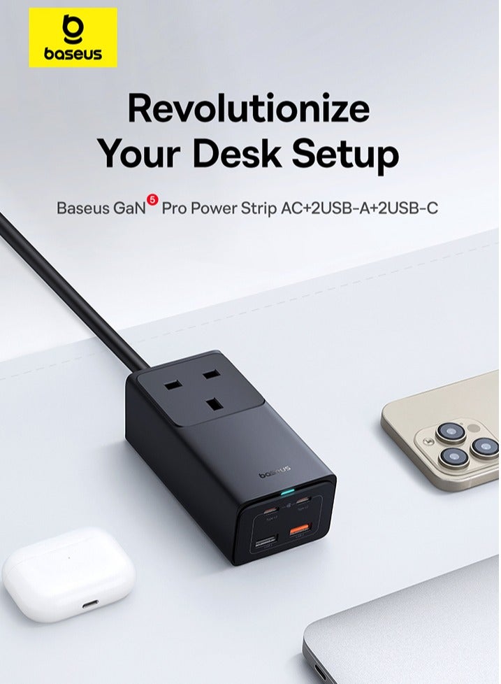 Baseus OS-Baseus GaN5 Pro PowerCombo On Powerstrip AC+2U+2C 65W 1.5m  UK Cluster Black(Include：Baseus Xiaobai Series Fast Charging Cable Type-C to Type-C 100W(20V/5A) 1m） Black - Image 4