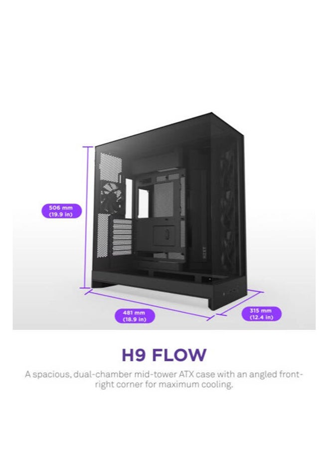 NZXT - H9 Flow Dual-Chamber ATX Mid-Tower Case High-Airflow Design with Panoramic Tempered Glass, Supports Dual 360mm Radiators, Up to 10 Fans, E-ATX Compatibility, Black | CM-H92FB-01 - Image 1