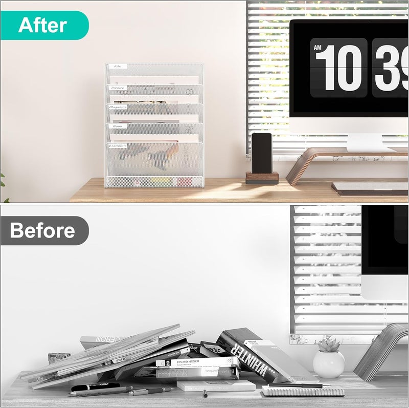 EasyPag 5 Tier Wall File Holder Mesh Hanging Folder Organizer with Classify Label, Versatile Desk File Holder, Vertical Wall Mounted Mail Organizer for Office Home Cubicle, White - Image 3