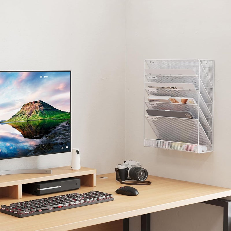 EasyPag 5 Tier Wall File Holder Mesh Hanging Folder Organizer with Classify Label, Versatile Desk File Holder, Vertical Wall Mounted Mail Organizer for Office Home Cubicle, White - Image 5