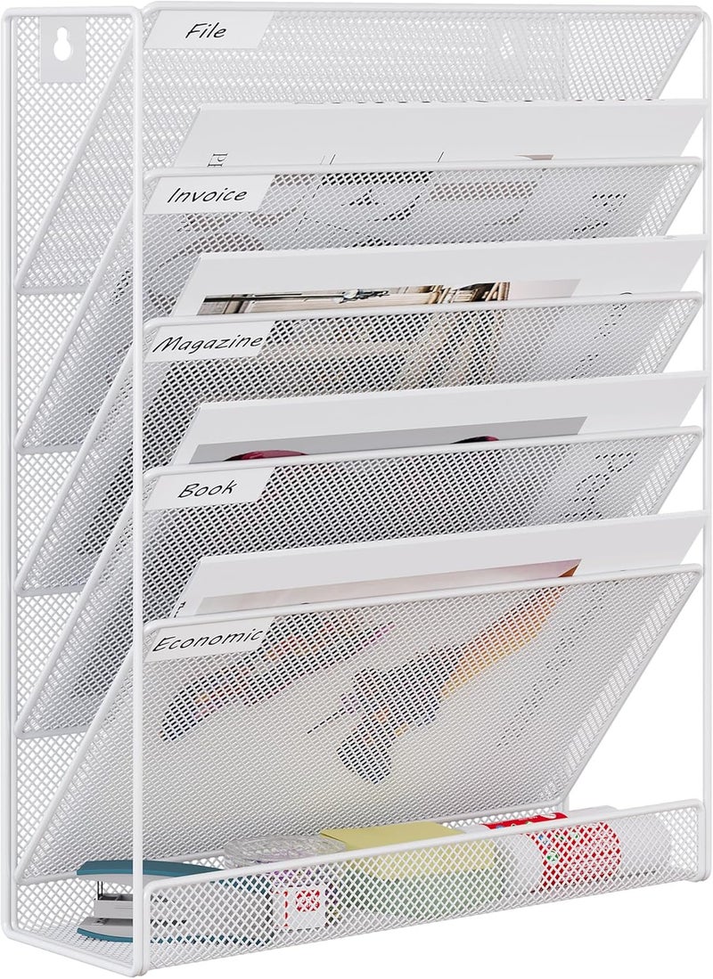 EasyPag 5 Tier Wall File Holder Mesh Hanging Folder Organizer with Classify Label, Versatile Desk File Holder, Vertical Wall Mounted Mail Organizer for Office Home Cubicle, White - Image 1