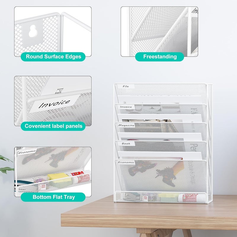EasyPag 5 Tier Wall File Holder Mesh Hanging Folder Organizer with Classify Label, Versatile Desk File Holder, Vertical Wall Mounted Mail Organizer for Office Home Cubicle, White - Image 2